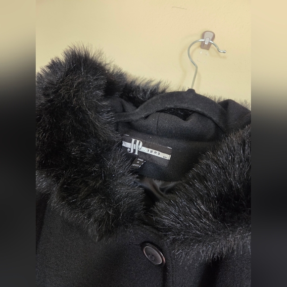 Vintage Black 100% Wool Penny Lane Style Faux Fur Coat Old Money Glamorous - Picture 5 of 9